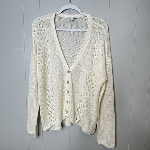 J Jill Womens Ivory Pointelle Cardigan Sweater Sz XL Linen Blend Button Front - Picture 1 of 15